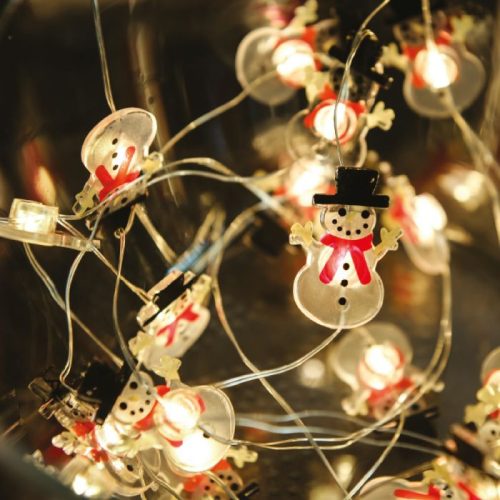 Tündérfény hóemberrel, meleg fehér, ezüst színű rézkábel, 20 LED, 2 méter